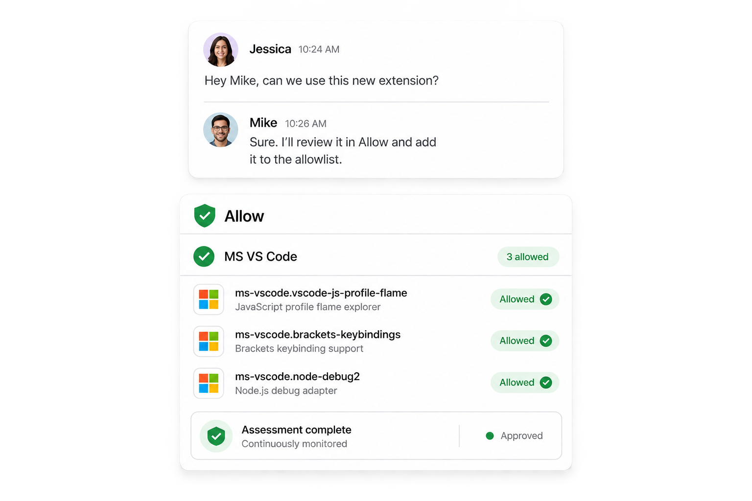 Jessica asks Mike to approve a new extension; Allow shows approved VS Code extensions, a completed assessment, and continuous monitoring.